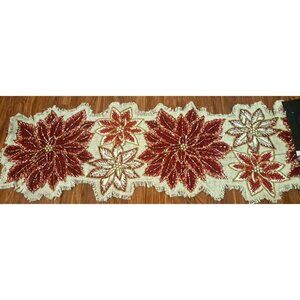 NEW Christmas Poinsettia Jute Table Runner Rachel Zoe Beaded Faux Pearls 14x52